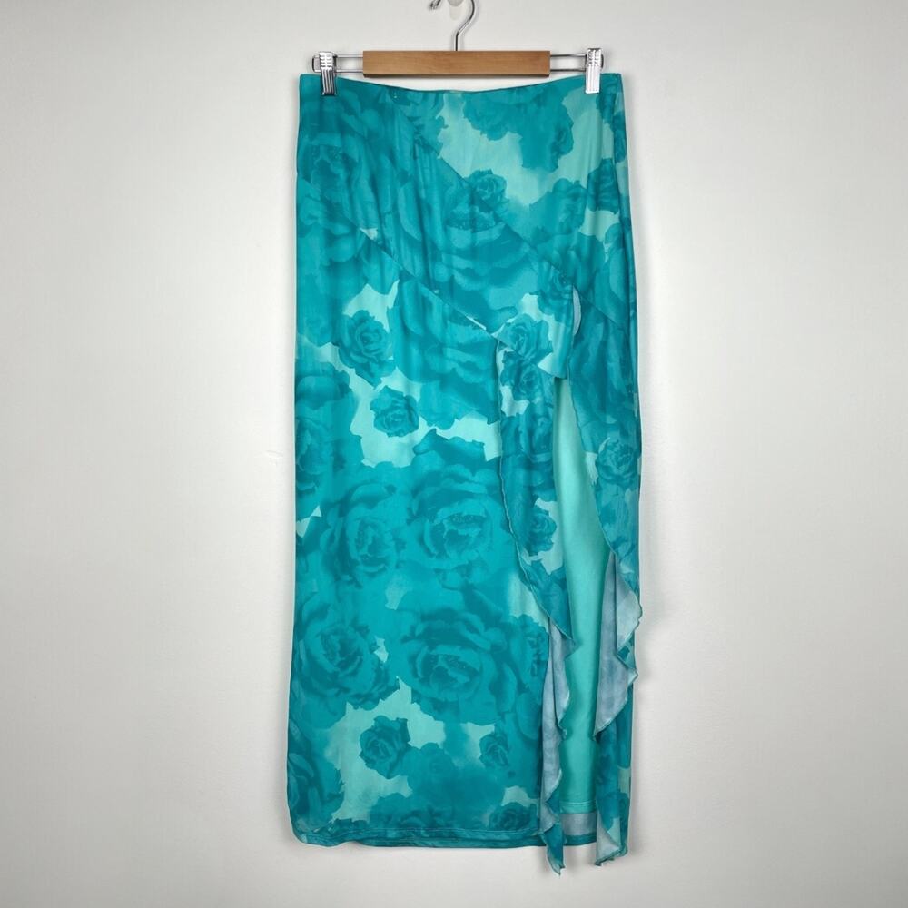 Something New Maxi Skirt S Teal Blue Floral Ruffle Mesh Fairy Mermaid Leg Slit